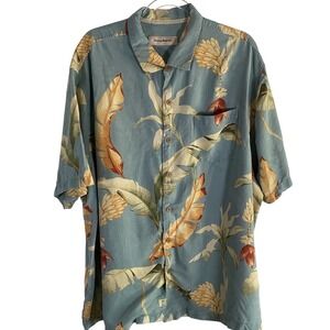 Tommy Bahama Silk Shirt Mens 2XB Blue Tropical Banana Leaf Floral 164-BT315790
